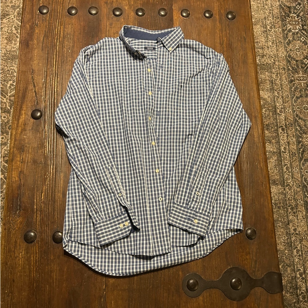 Izod Navy and White Plaid Button-Down Shirt